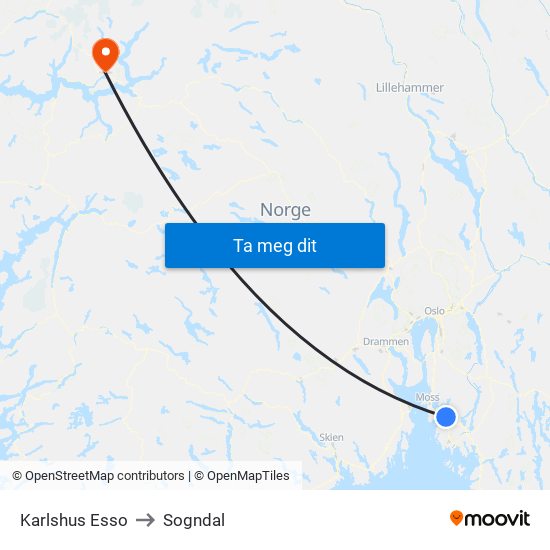 Karlshus Esso to Sogndal map