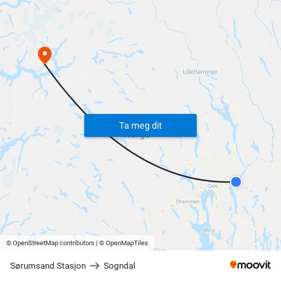 Sørumsand Stasjon to Sogndal map