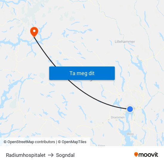 Radiumhospitalet to Sogndal map