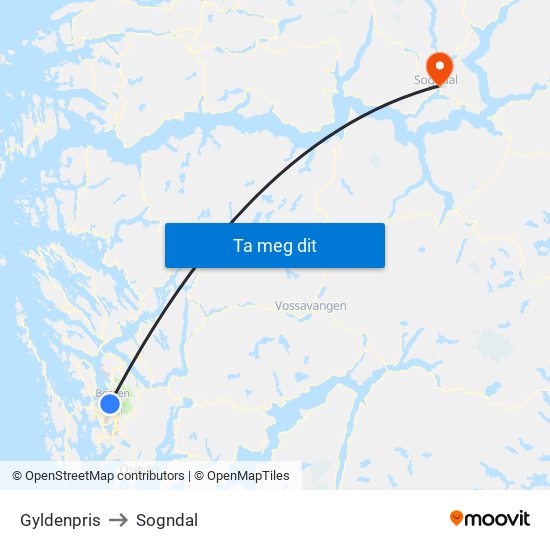 Gyldenpris to Sogndal map