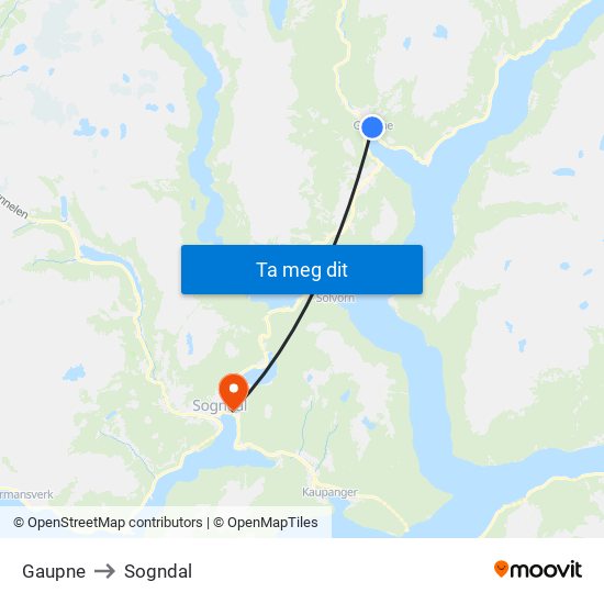 Gaupne to Sogndal map