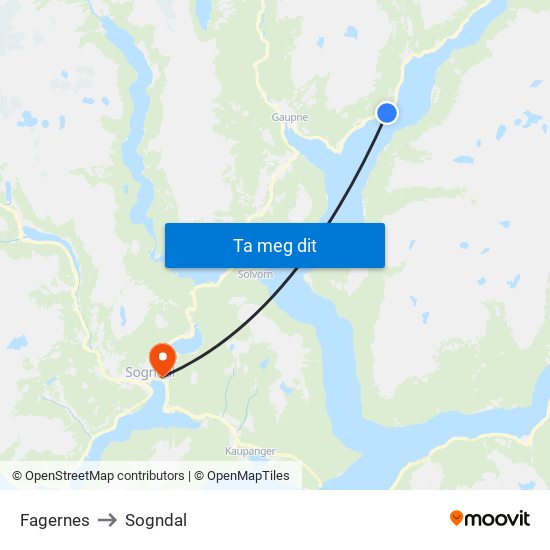Fagernes to Sogndal map
