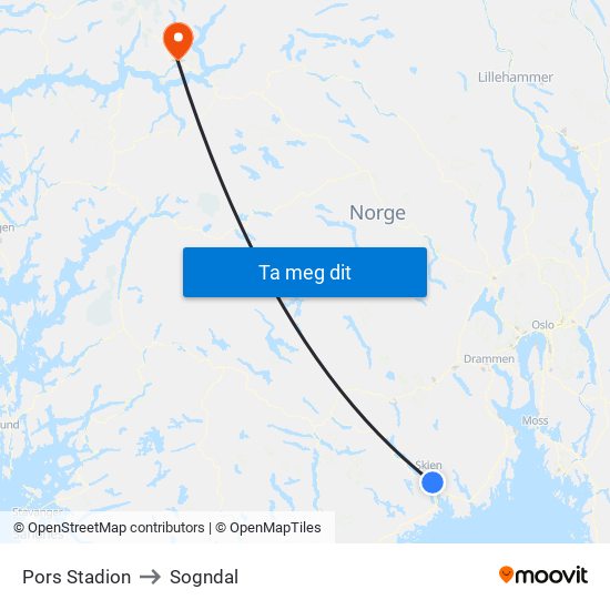 Pors Stadion to Sogndal map