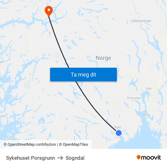 Sykehuset Porsgrunn to Sogndal map