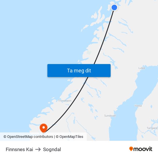 Finnsnes Kai to Sogndal map