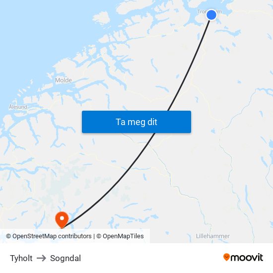 Tyholt to Sogndal map