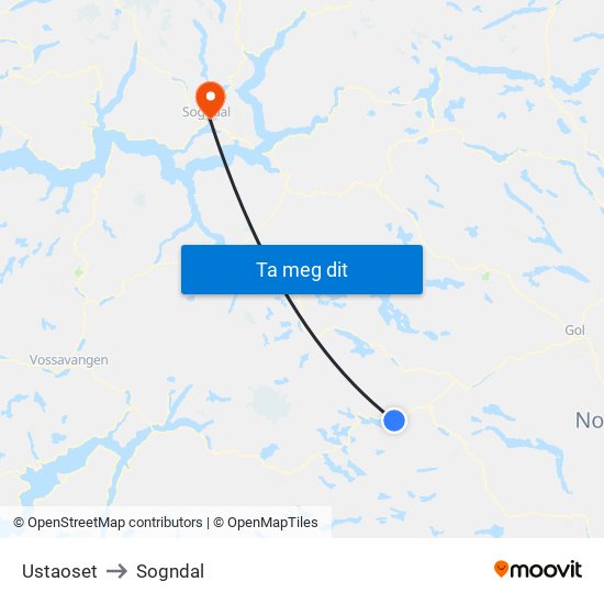 Ustaoset to Sogndal map