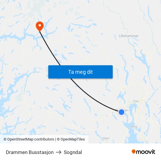 Drammen Busstasjon to Sogndal map