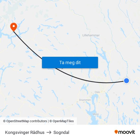Kongsvinger Rådhus to Sogndal map