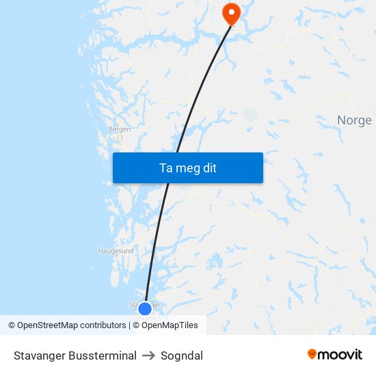 Stavanger Bussterminal to Sogndal map