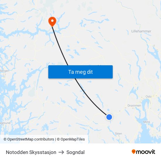 Notodden Skysstasjon to Sogndal map