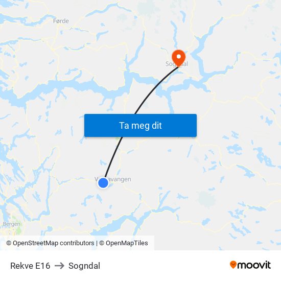 Rekve E16 to Sogndal map