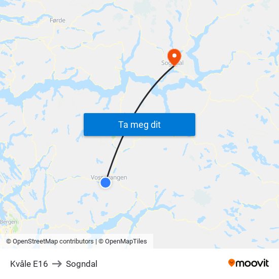 Kvåle E16 to Sogndal map