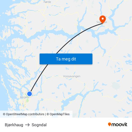 Bjørkhaug to Sogndal map