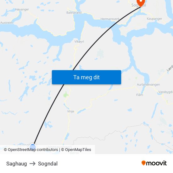 Saghaug to Sogndal map