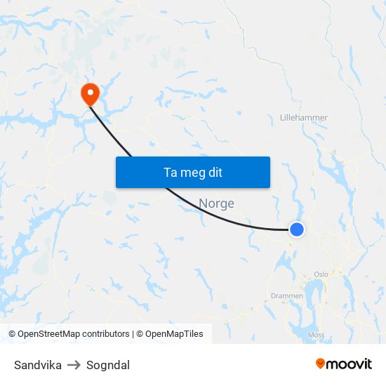 Sandvika to Sogndal map