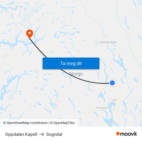 Oppdalen Kapell to Sogndal map