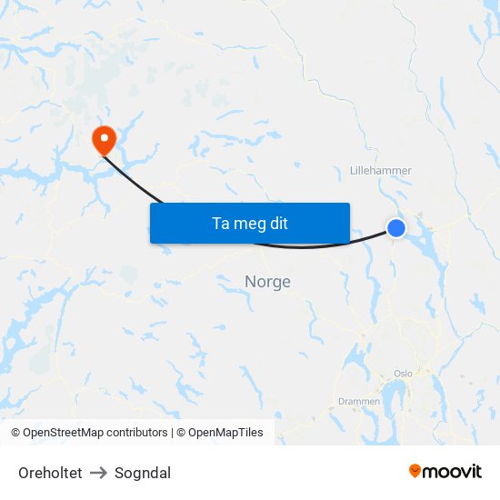 Oreholtet to Sogndal map