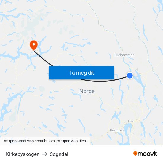 Kirkebyskogen to Sogndal map