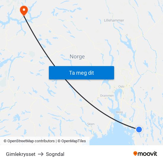 Gimlekrysset to Sogndal map