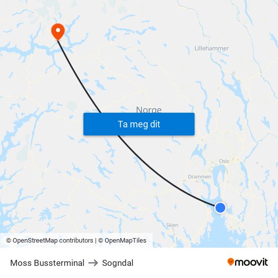 Moss Bussterminal to Sogndal map