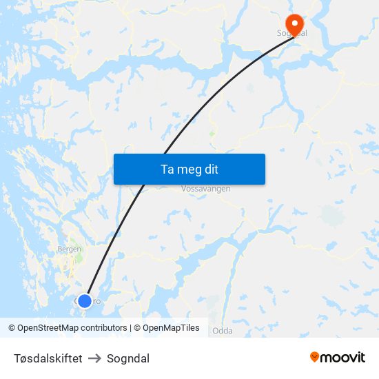 Tøsdalskiftet to Sogndal map