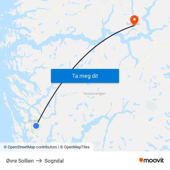 Øvre Sollien to Sogndal map