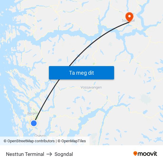 Nesttun Terminal to Sogndal map