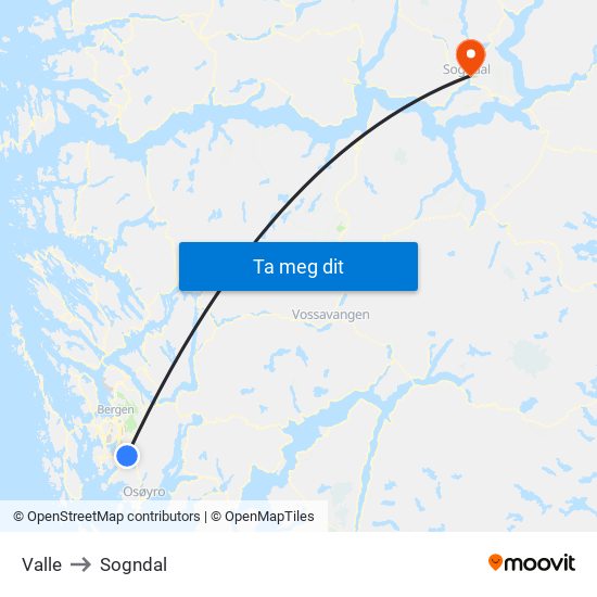 Valle to Sogndal map