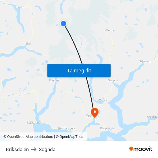 Briksdalen to Sogndal map