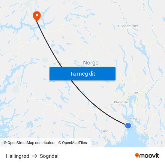 Hallingrød to Sogndal map