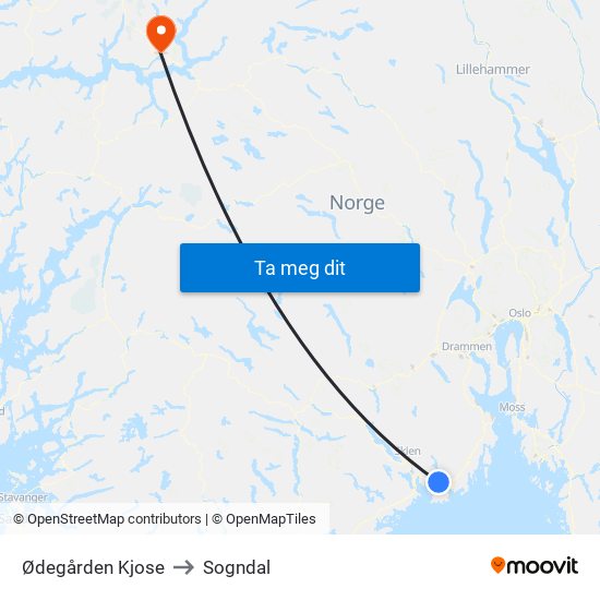 Ødegården Kjose to Sogndal map