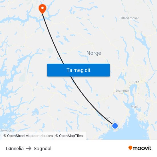 Lønnelia to Sogndal map