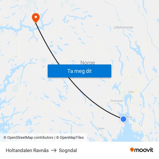 Holtandalen Ravnås to Sogndal map