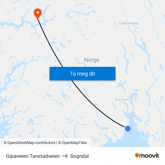 Gipøveien Tanstadveien to Sogndal map