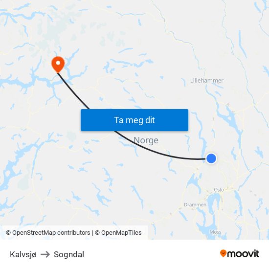 Kalvsjø to Sogndal map