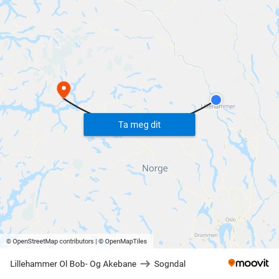 Lillehammer Ol Bob- Og Akebane to Sogndal map