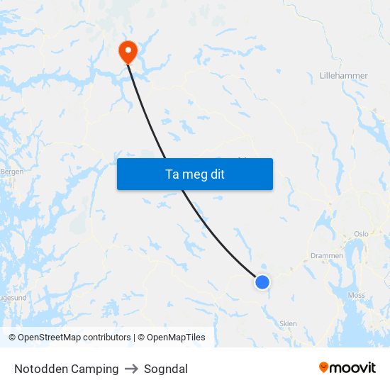 Notodden Camping to Sogndal map
