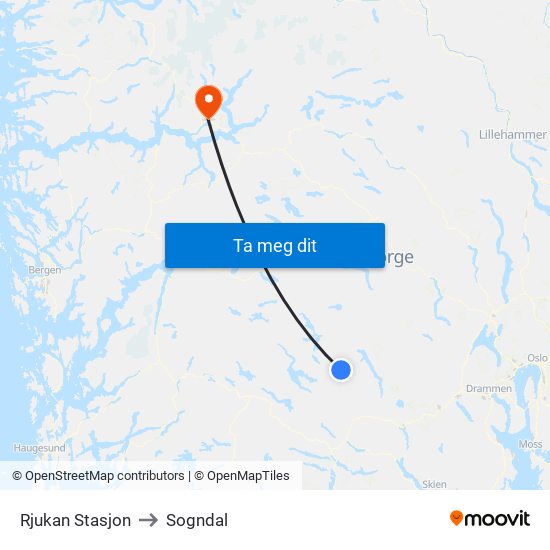 Rjukan Stasjon to Sogndal map