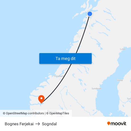 Bognes Ferjekai to Sogndal map
