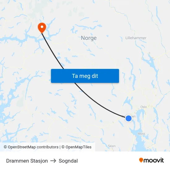 Drammen Stasjon to Sogndal map