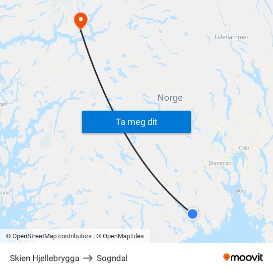 Skien Hjellebrygga to Sogndal map