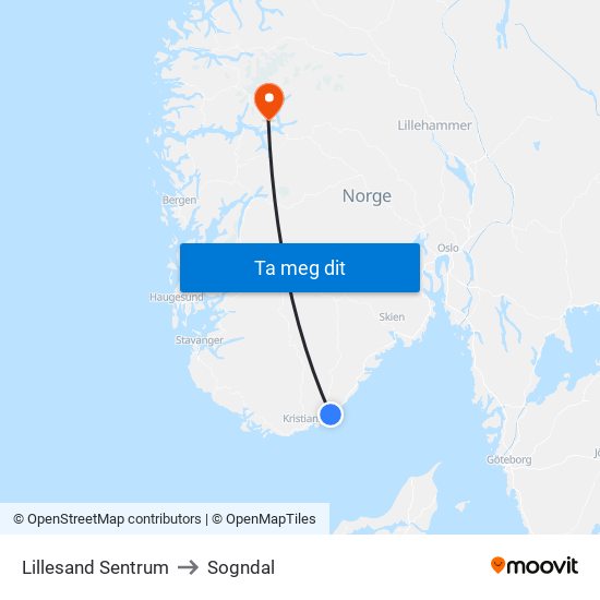 Lillesand Sentrum to Sogndal map