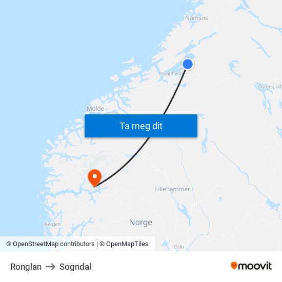 Ronglan to Sogndal map