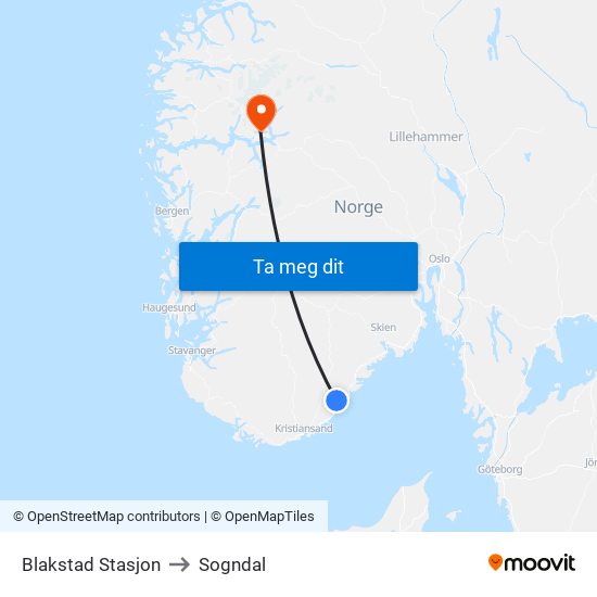 Blakstad Stasjon to Sogndal map