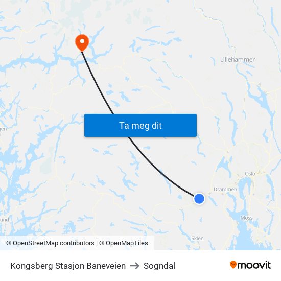 Kongsberg Stasjon Baneveien to Sogndal map