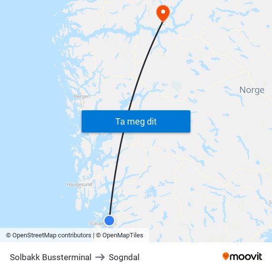 Solbakk Bussterminal to Sogndal map