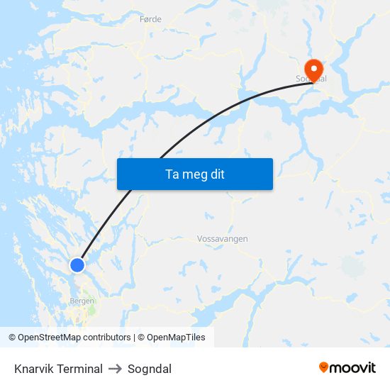 Knarvik Terminal to Sogndal map