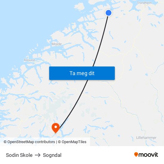 Sodin Skole to Sogndal map