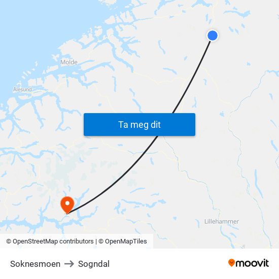 Soknesmoen to Sogndal map